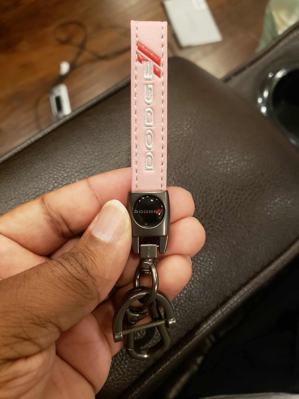 DODGE Light Pink, Silver & Red Leather Dark Gray Keychain